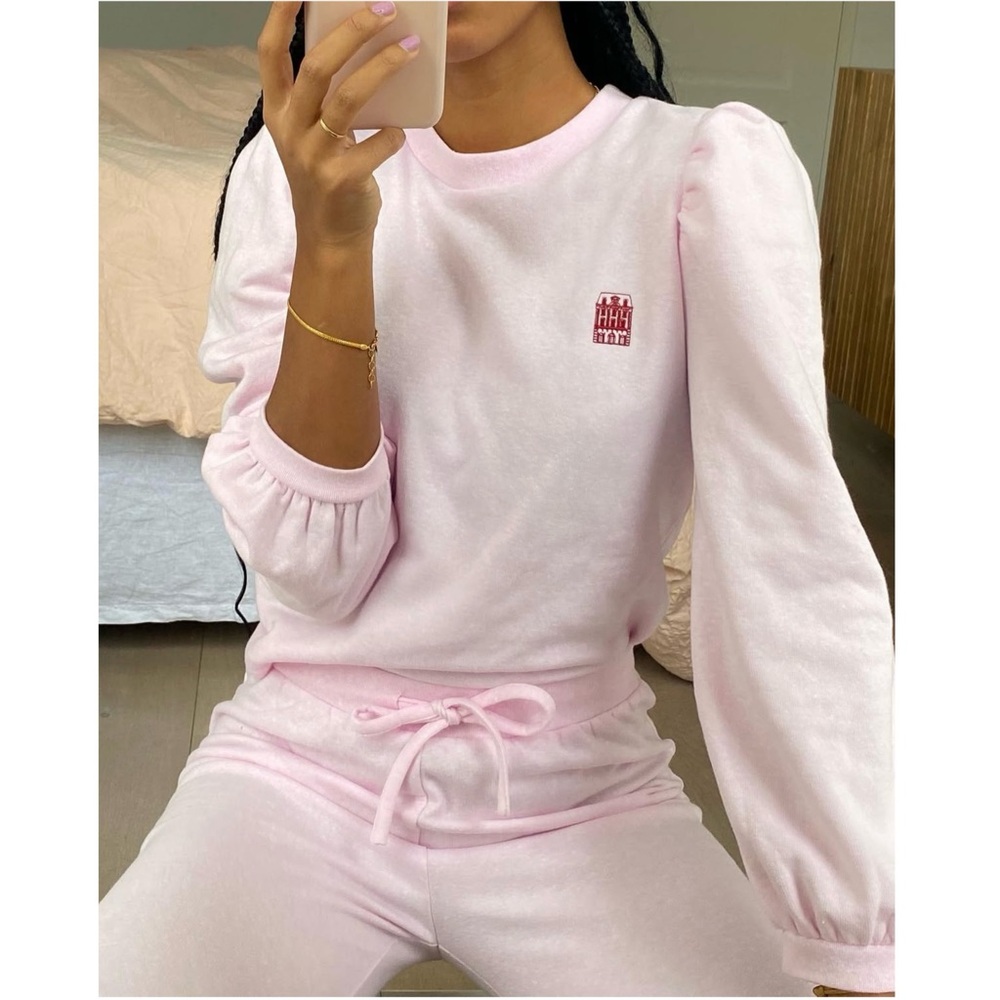 HILL HOUSE Embroidered‎ Logo Fleece Crewneck Puff Sleeve Pullover Sweatshirt XS